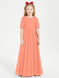 Long Junior Bridesmaid Gown Lace Top Half Sleeves Sunset