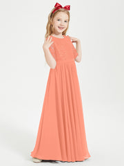 Long Junior Bridesmaid Gown Lace Top Half Sleeves Sunset