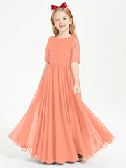 Long Junior Bridesmaid Gown Lace Top Half Sleeves Sunset