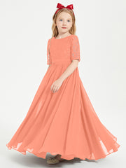 Long Junior Bridesmaid Gown Lace Top Half Sleeves Sunset