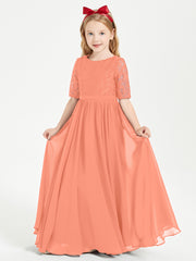 Long Junior Bridesmaid Gown Lace Top Half Sleeves Sunset