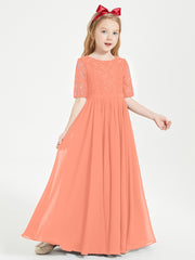Long Junior Bridesmaid Gown Lace Top Half Sleeves Sunset