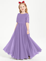 Long Junior Bridesmaid Gown Lace Top Half Sleeves Tahiti