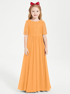 Long Junior Bridesmaid Gown Lace Top Half Sleeves Tangerine