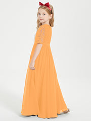 Long Junior Bridesmaid Gown Lace Top Half Sleeves Tangerine