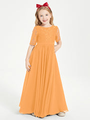Long Junior Bridesmaid Gown Lace Top Half Sleeves Tangerine