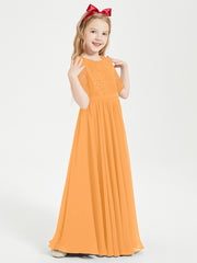 Long Junior Bridesmaid Gown Lace Top Half Sleeves Tangerine