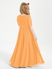 Long Junior Bridesmaid Gown Lace Top Half Sleeves Tangerine