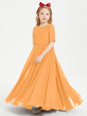 Long Junior Bridesmaid Gown Lace Top Half Sleeves Tangerine