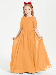 Long Junior Bridesmaid Gown Lace Top Half Sleeves Tangerine