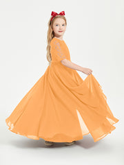 Long Junior Bridesmaid Gown Lace Top Half Sleeves Tangerine