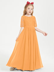 Long Junior Bridesmaid Gown Lace Top Half Sleeves Tangerine