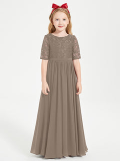 Long Junior Bridesmaid Gown Lace Top Half Sleeves Taupe