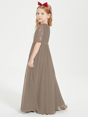 Long Junior Bridesmaid Gown Lace Top Half Sleeves Taupe