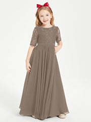 Long Junior Bridesmaid Gown Lace Top Half Sleeves Taupe