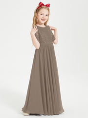 Long Junior Bridesmaid Gown Lace Top Half Sleeves Taupe