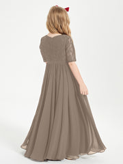 Long Junior Bridesmaid Gown Lace Top Half Sleeves Taupe