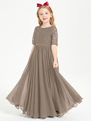 Long Junior Bridesmaid Gown Lace Top Half Sleeves Taupe