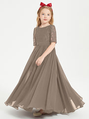 Long Junior Bridesmaid Gown Lace Top Half Sleeves Taupe