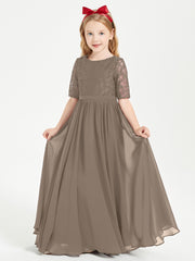 Long Junior Bridesmaid Gown Lace Top Half Sleeves Taupe
