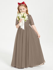Long Junior Bridesmaid Gown Lace Top Half Sleeves Taupe