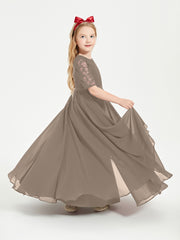Long Junior Bridesmaid Gown Lace Top Half Sleeves Taupe