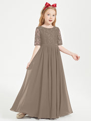 Long Junior Bridesmaid Gown Lace Top Half Sleeves Taupe