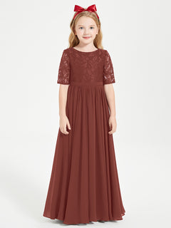 Long Junior Bridesmaid Gown Lace Top Half Sleeves Terracotta