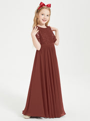 Long Junior Bridesmaid Gown Lace Top Half Sleeves Terracotta