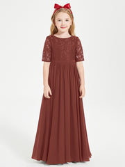 Long Junior Bridesmaid Gown Lace Top Half Sleeves Terracotta