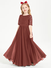 Long Junior Bridesmaid Gown Lace Top Half Sleeves Terracotta