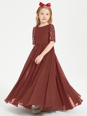 Long Junior Bridesmaid Gown Lace Top Half Sleeves Terracotta