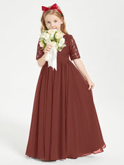 Long Junior Bridesmaid Gown Lace Top Half Sleeves Terracotta