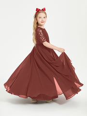 Long Junior Bridesmaid Gown Lace Top Half Sleeves Terracotta