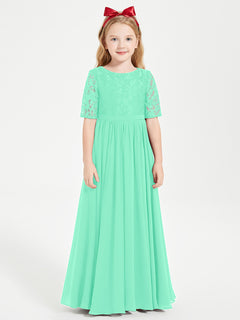 Long Junior Bridesmaid Gown Lace Top Half Sleeves Turquoise