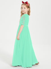 Long Junior Bridesmaid Gown Lace Top Half Sleeves Turquoise
