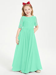 Long Junior Bridesmaid Gown Lace Top Half Sleeves Turquoise