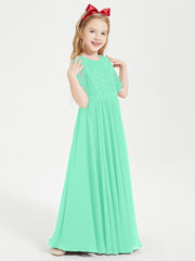 Long Junior Bridesmaid Gown Lace Top Half Sleeves Turquoise