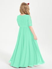 Long Junior Bridesmaid Gown Lace Top Half Sleeves Turquoise