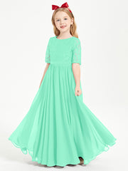 Long Junior Bridesmaid Gown Lace Top Half Sleeves Turquoise