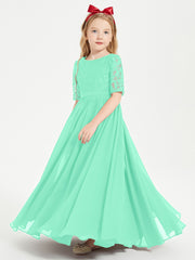 Long Junior Bridesmaid Gown Lace Top Half Sleeves Turquoise