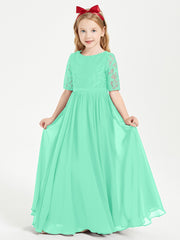 Long Junior Bridesmaid Gown Lace Top Half Sleeves Turquoise