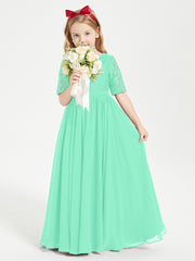 Long Junior Bridesmaid Gown Lace Top Half Sleeves Turquoise