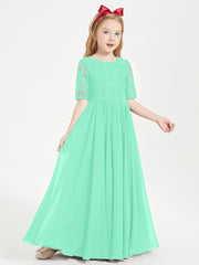Long Junior Bridesmaid Gown Lace Top Half Sleeves Turquoise