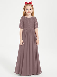 Long Junior Bridesmaid Gown Lace Top Half Sleeves Vintage Mauve