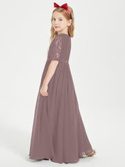 Long Junior Bridesmaid Gown Lace Top Half Sleeves Vintage Mauve