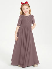 Long Junior Bridesmaid Gown Lace Top Half Sleeves Vintage Mauve