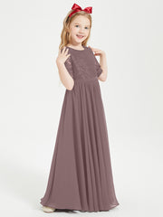 Long Junior Bridesmaid Gown Lace Top Half Sleeves Vintage Mauve