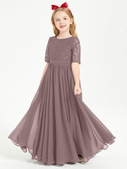 Long Junior Bridesmaid Gown Lace Top Half Sleeves Vintage Mauve