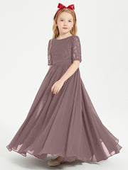Long Junior Bridesmaid Gown Lace Top Half Sleeves Vintage Mauve